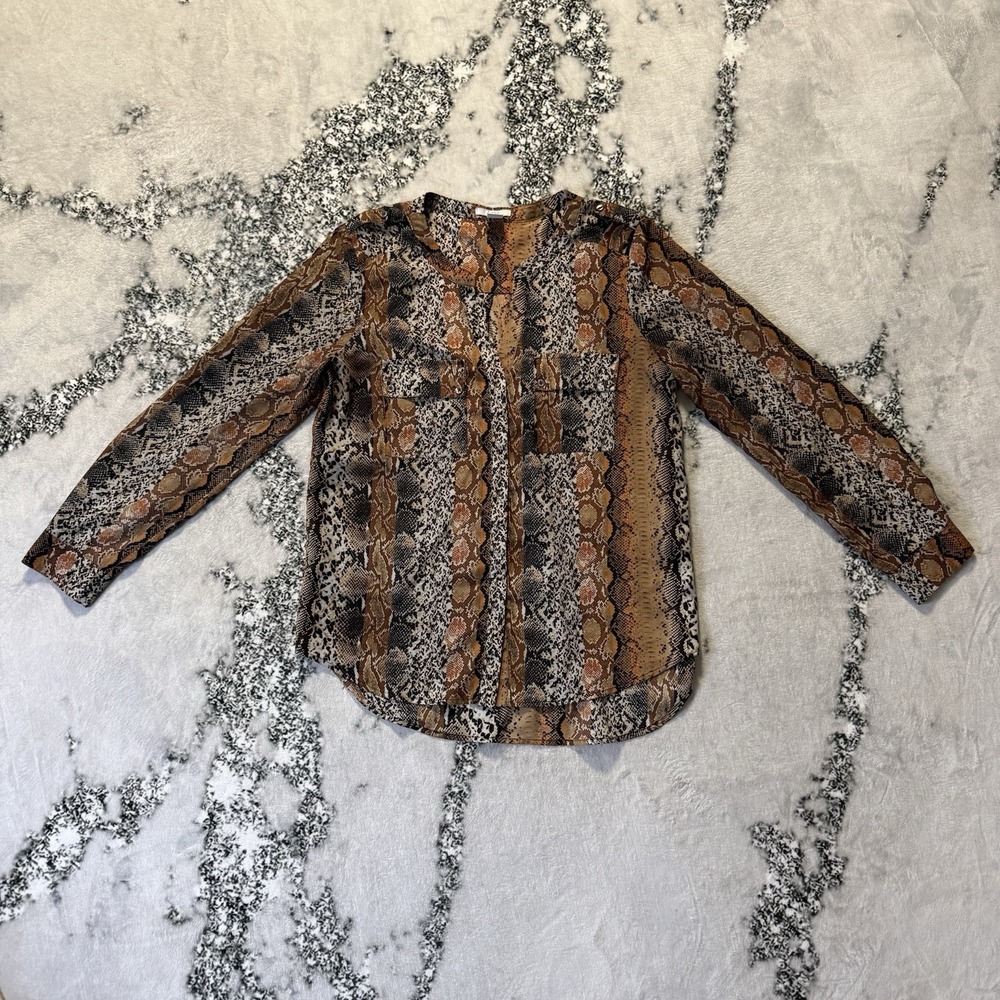 Bar III Tunic Womens Size L Brown Multi Snake Print Long Sleeve Button Up Blouse